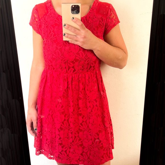 anthropologie red lace fit & flare dress w/short sleeves size medium - Picture 6 of 9